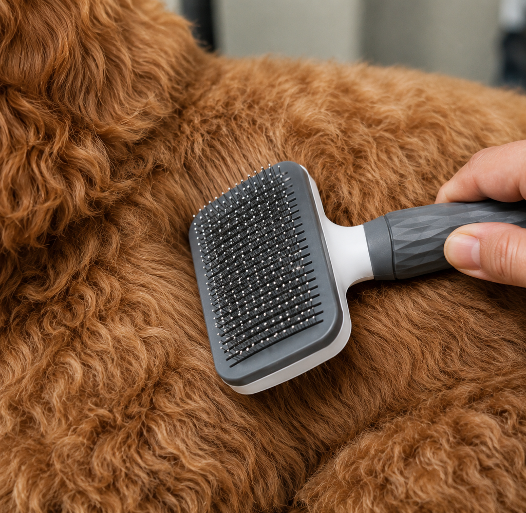 PluffBrush pet brush shown from a side angle, ergonomic grip